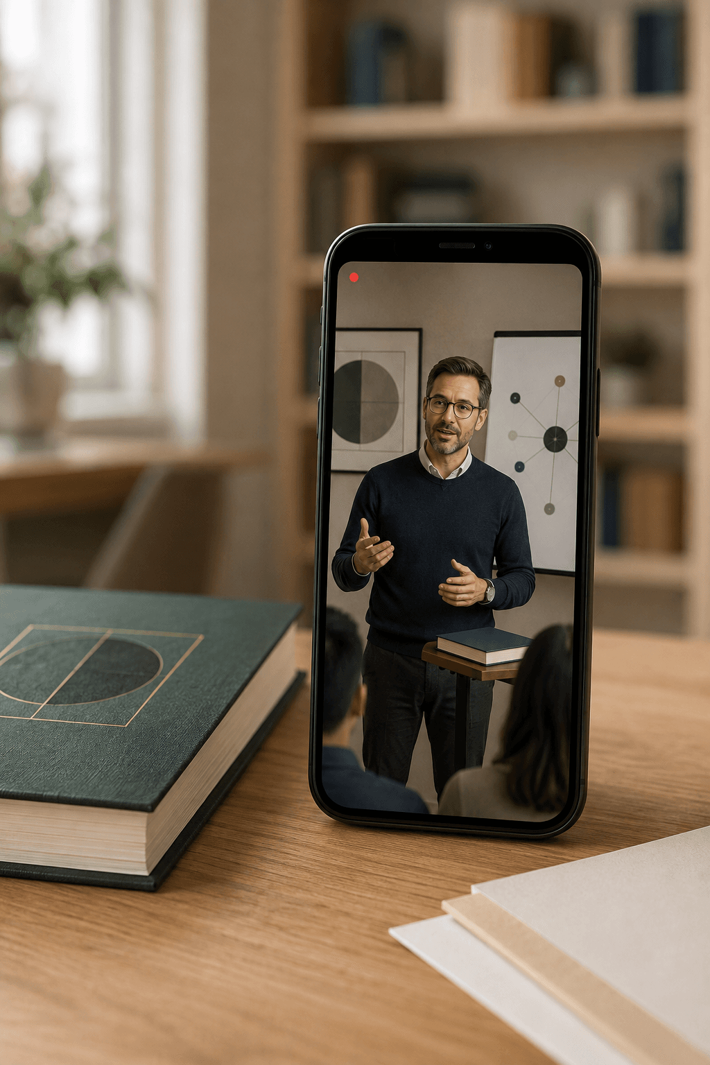 A phone streaming an author-led professional seminar beside a clothbound book