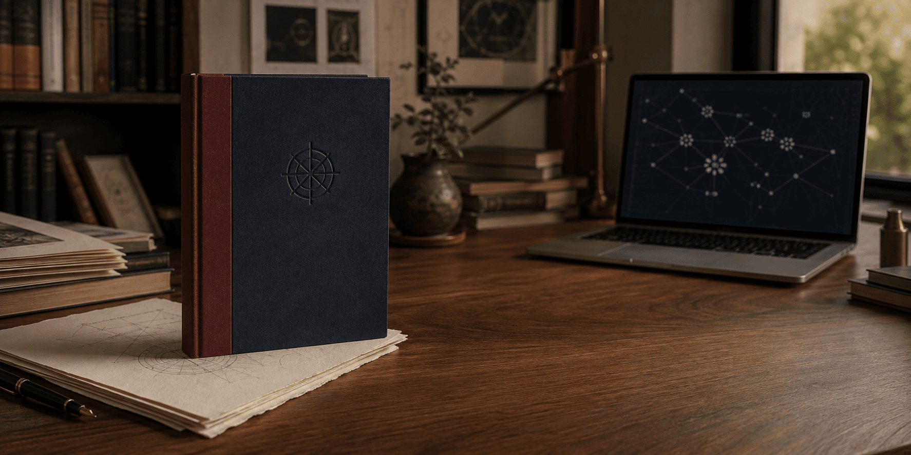 A clothbound professional book and a laptop workspace in a warm independent publishing studio
