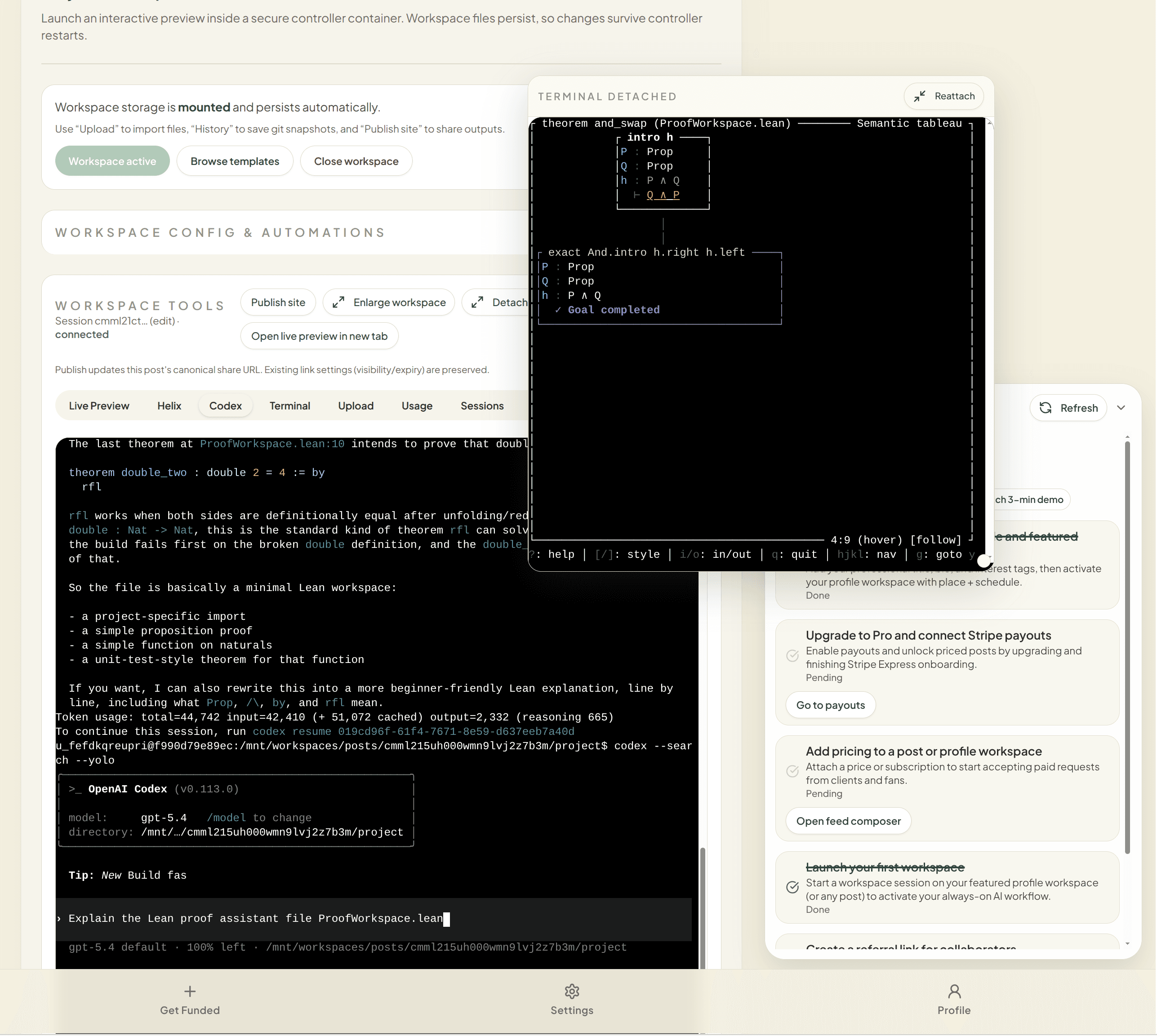 Lean AI workspace running in the browser with a Codex-assisted editor and preview panes