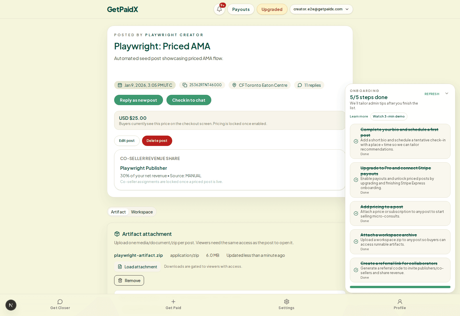 Post page showing an artifact attachment preview