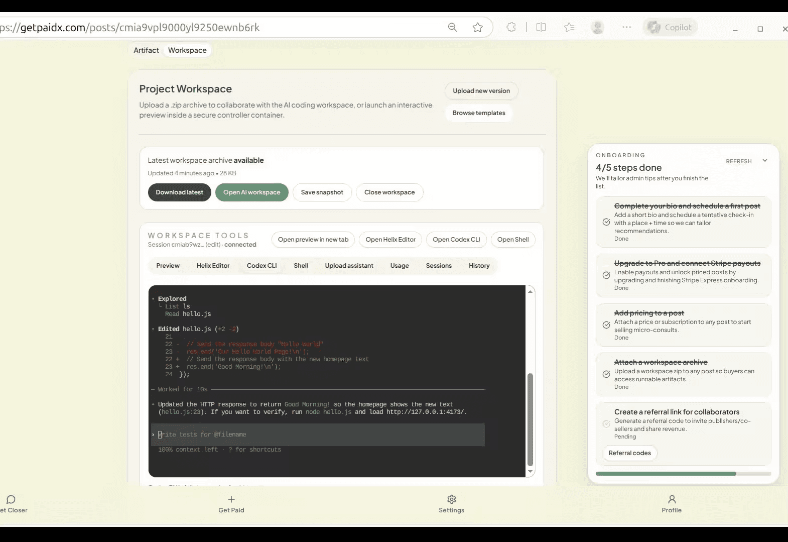 Post page showing the workspace panel with Codex and sessions